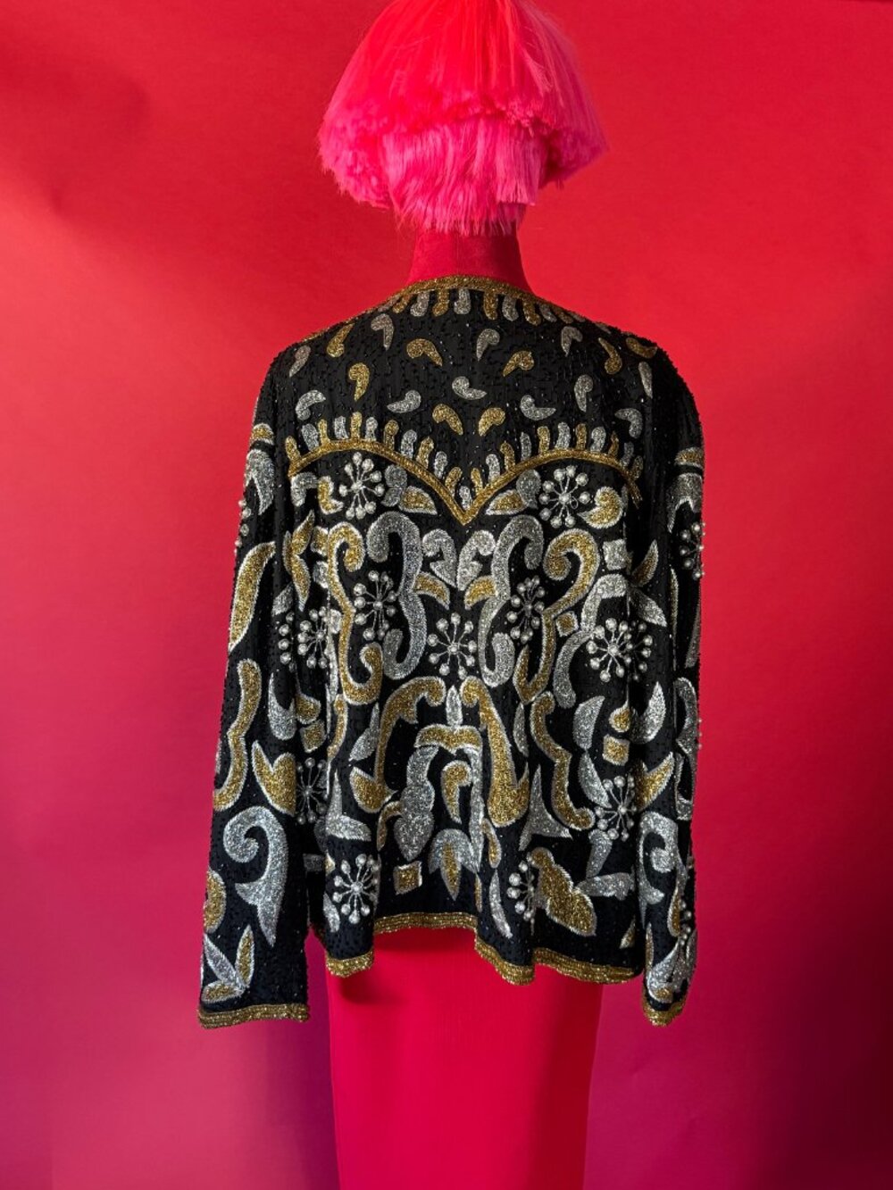Vintage Laurence Kazar Beaded Silk Jacket, Black Gold Silver Jacket, Size L - Picture 10 of 12